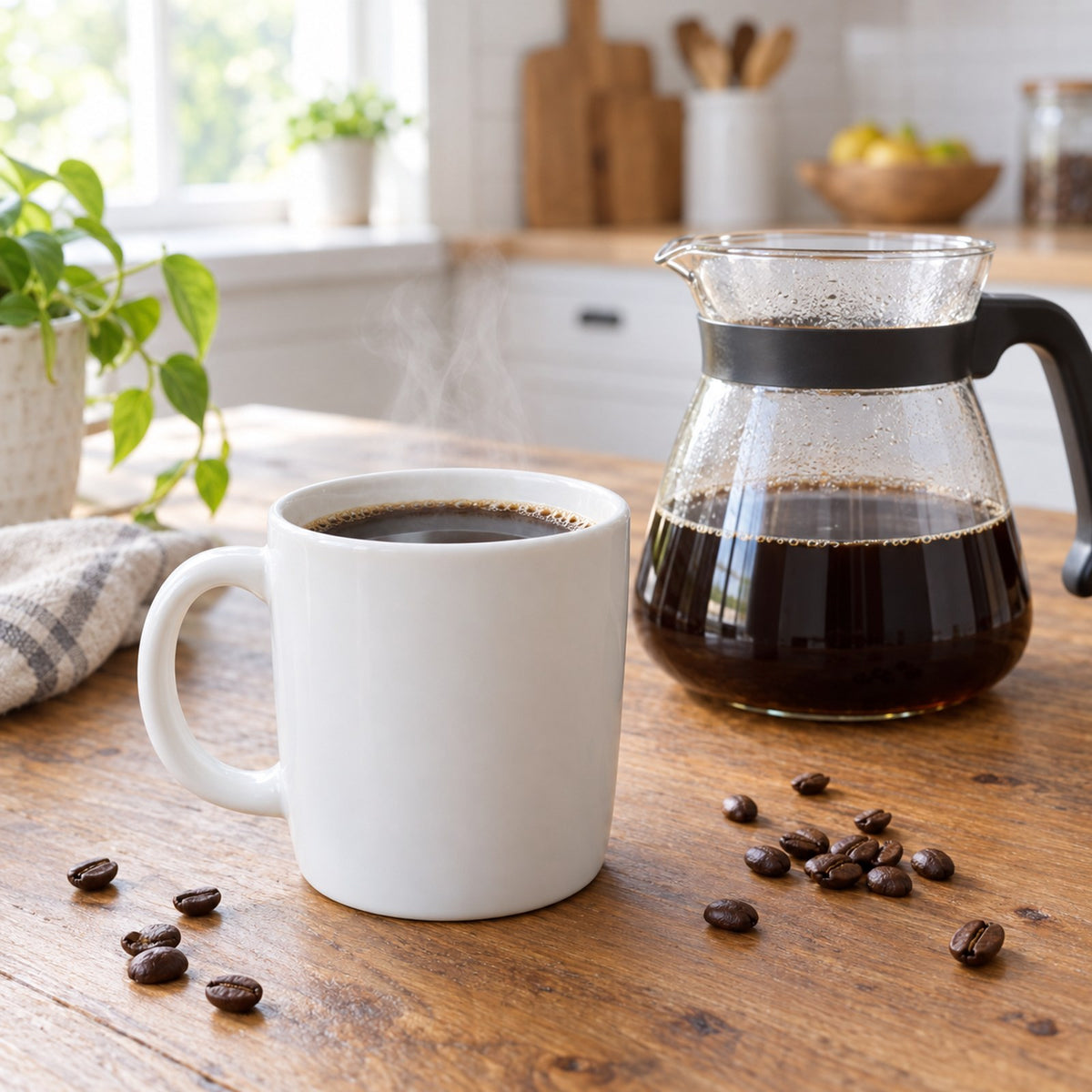 Mug of freshly brewed Colombia Huila drip coffee beside a glass carafe