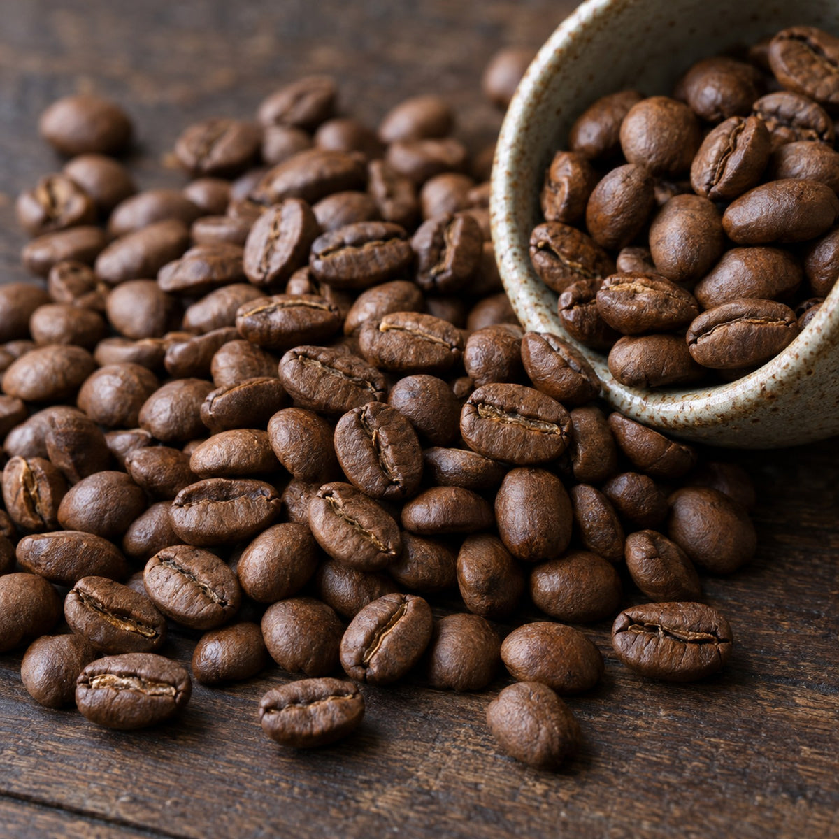 Close-up of medium roast Colombian Huila whole coffee beans