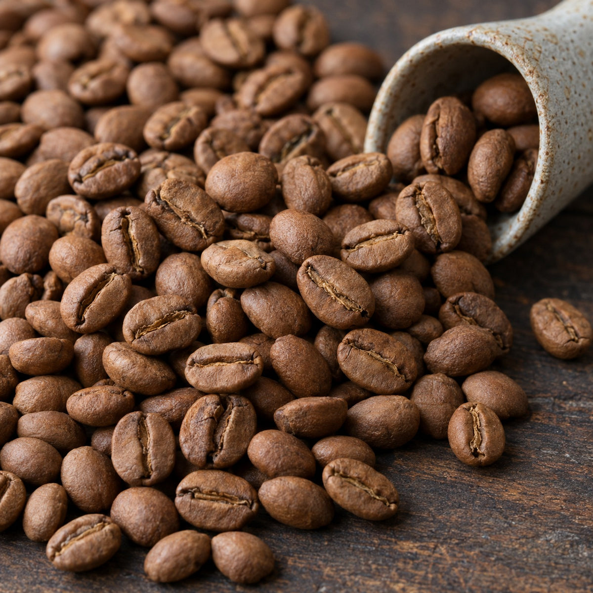 Close-up of medium-light roast Ethiopian Sidama whole coffee beans