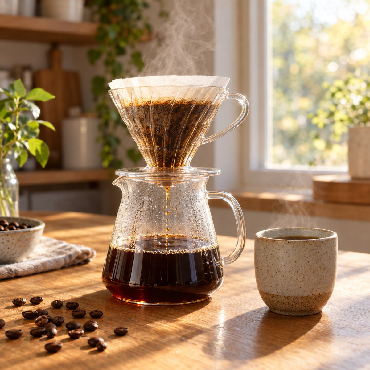 Ethiopia Sidama coffee brewing in a glass pour-over dripper next to a ceramic cup