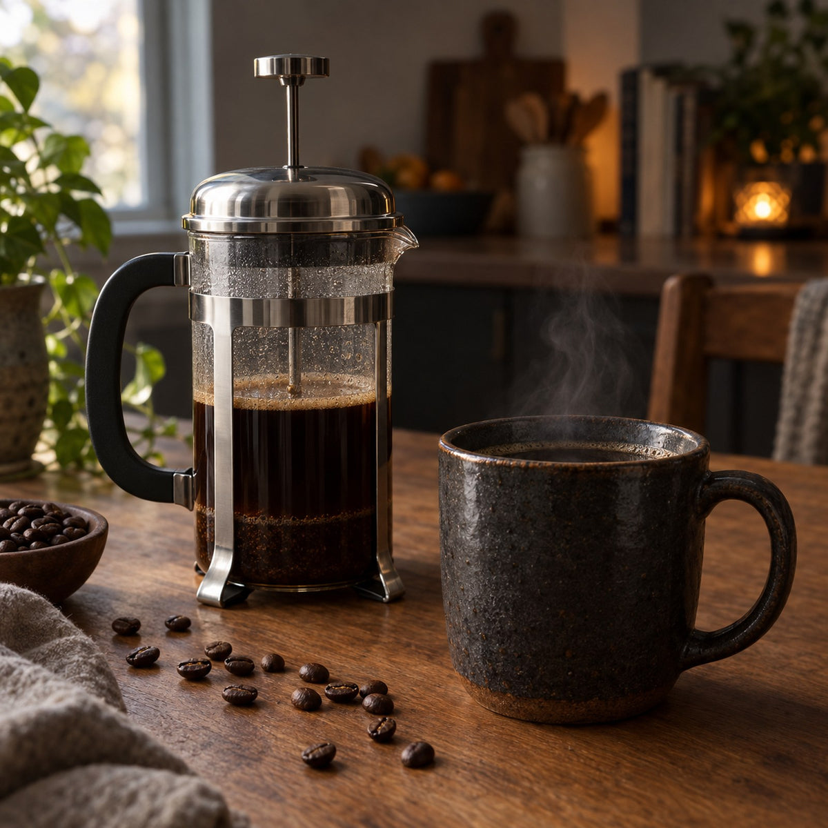 Guatemala Huehuetenango coffee brewed in a French press beside a dark ceramic mug