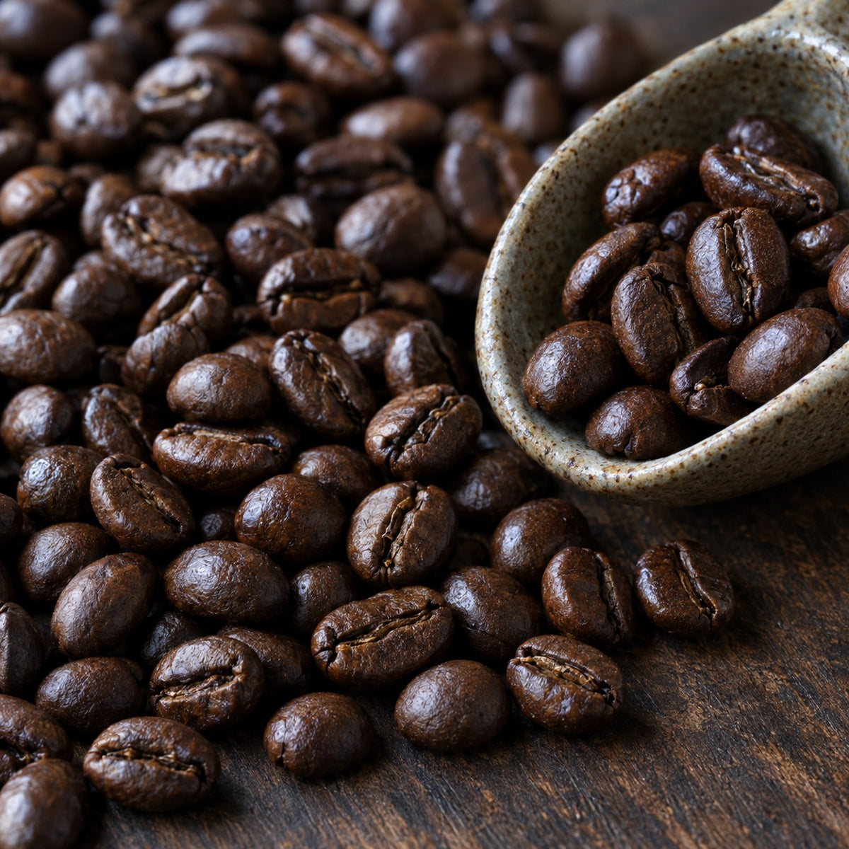 Close-up of medium-dark roast Guatemalan Huehuetenango whole coffee beans